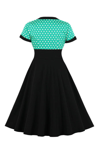 Schwarzes Polka Dots Rockabilly 1950er Jahre Kleid mit kurzen Ärmeln