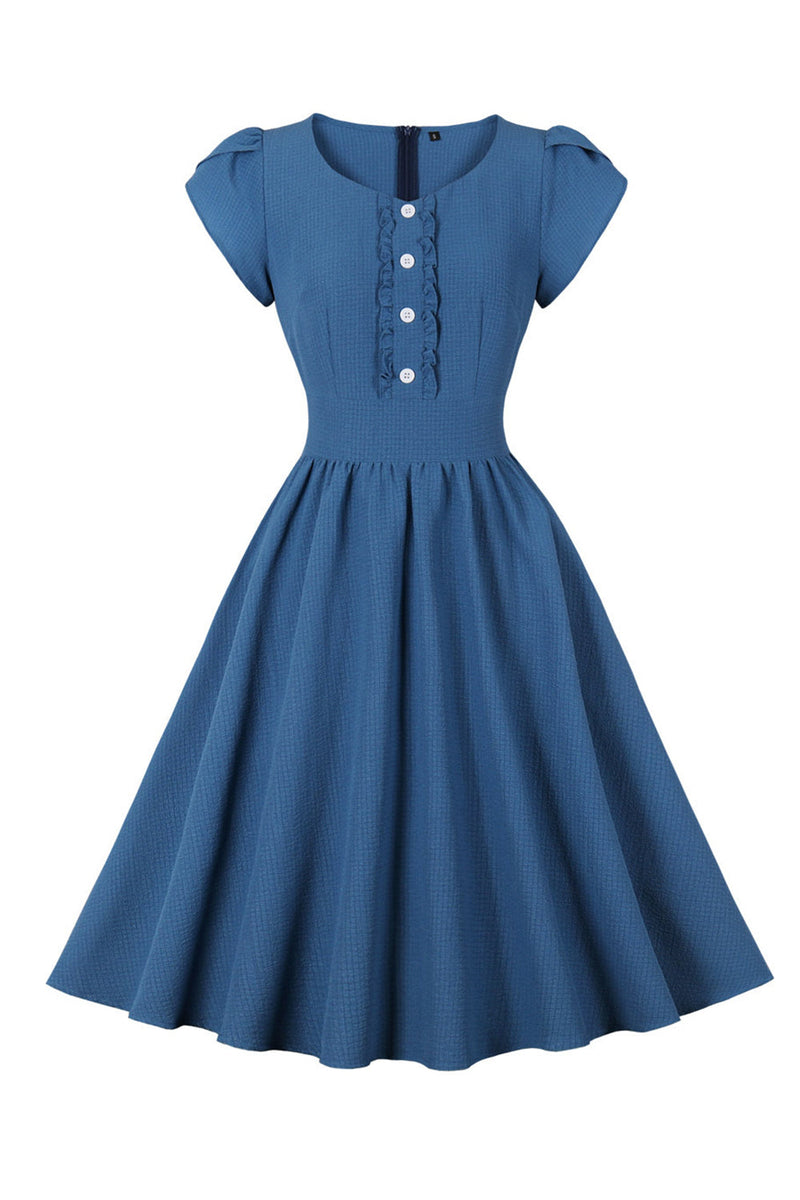 Laden Sie das Bild in den Galerie-Viewer, Blau kariertes Swing 1950er Jahre Kleid mit Rüschen