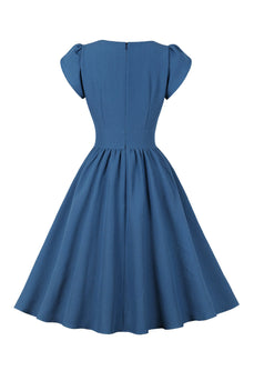Blau kariertes Swing 1950er Jahre Kleid mit Rüschen