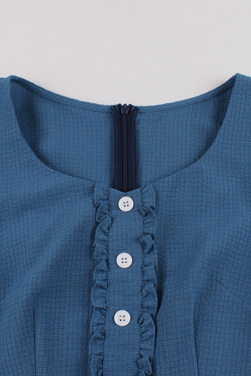 Laden Sie das Bild in den Galerie-Viewer, Blau kariertes Swing 1950er Jahre Kleid mit Rüschen