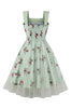 Laden Sie das Bild in den Galerie-Viewer, Grünes kariertes Rockabilly Kleid aus den 1950er Jahren mit Blumendruck