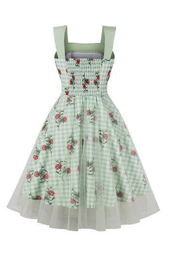 Grünes kariertes Rockabilly Kleid aus den 1950er Jahren mit Blumendruck