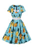 Laden Sie das Bild in den Galerie-Viewer, Blaues Blumenmuster Kurzärmeliges Rockabilly Kleid