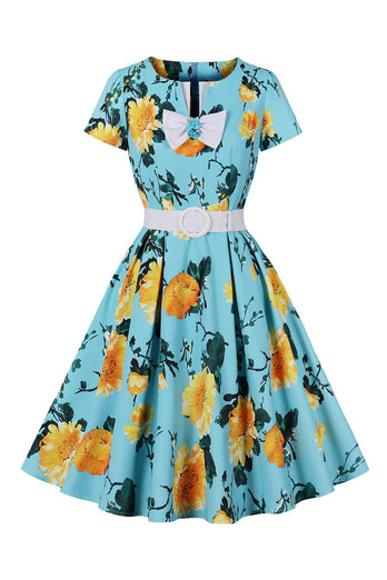 Blaues Blumenmuster Kurzärmeliges Rockabilly Kleid