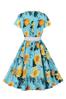 Laden Sie das Bild in den Galerie-Viewer, Blaues Blumenmuster Kurzärmeliges Rockabilly Kleid