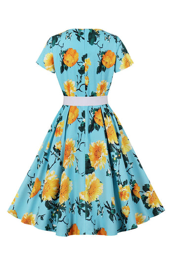 Blaues Blumenmuster Kurzärmeliges Rockabilly Kleid