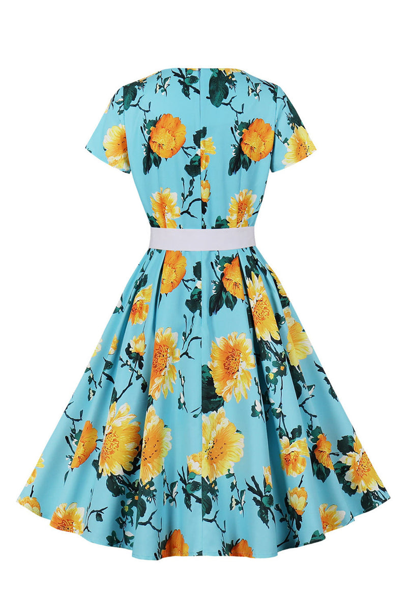 Laden Sie das Bild in den Galerie-Viewer, Blaues Blumenmuster Kurzärmeliges Rockabilly Kleid