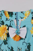 Laden Sie das Bild in den Galerie-Viewer, Blaues Blumenmuster Kurzärmeliges Rockabilly Kleid