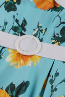 Laden Sie das Bild in den Galerie-Viewer, Blaues Blumenmuster Kurzärmeliges Rockabilly Kleid