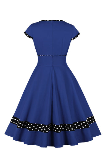 Dunkelblaues Polka Dots Rockabilly Kleid mit V-Ausschnitt