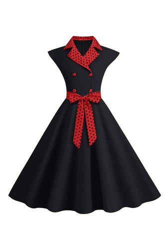 Schwarzes Polka Dots Rockabilly Kleid mit Schleife