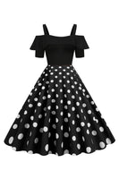 Laden Sie das Bild in den Galerie-Viewer, Schwarzes Polka Dots Rockabilly Kleid mit kalten Schultern