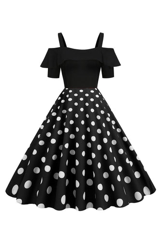 Schwarzes Polka Dots Rockabilly Kleid mit kalten Schultern