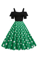 Laden Sie das Bild in den Galerie-Viewer, Schwarzes Polka Dots Rockabilly Kleid mit kalten Schultern