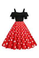 Laden Sie das Bild in den Galerie-Viewer, Schwarzes Polka Dots Rockabilly Kleid mit kalten Schultern