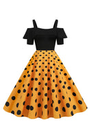 Laden Sie das Bild in den Galerie-Viewer, Schwarzes Polka Dots Rockabilly Kleid mit kalten Schultern