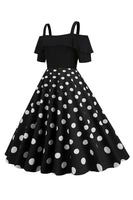 Laden Sie das Bild in den Galerie-Viewer, Schwarzes Polka Dots Rockabilly Kleid mit kalten Schultern