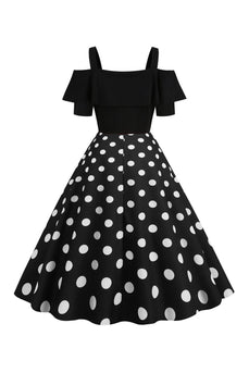 Schwarzes Polka Dots Rockabilly Kleid mit kalten Schultern
