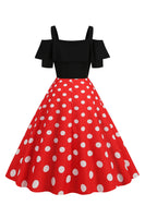 Laden Sie das Bild in den Galerie-Viewer, Schwarzes Polka Dots Rockabilly Kleid mit kalten Schultern