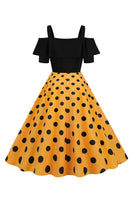 Laden Sie das Bild in den Galerie-Viewer, Schwarzes Polka Dots Rockabilly Kleid mit kalten Schultern