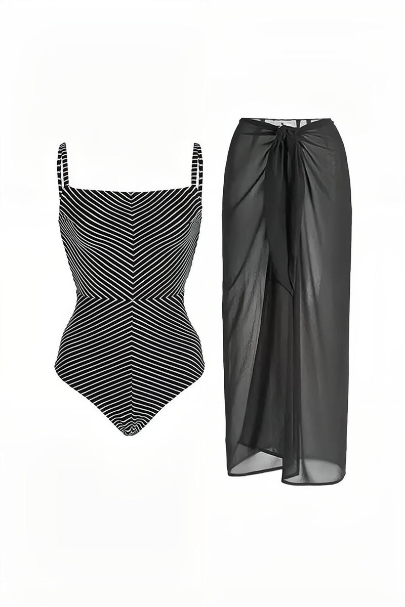 Laden Sie das Bild in den Galerie-Viewer, Einteiliger Badeanzug mit schwarzer Streifen und hoher Taille und Strandrock