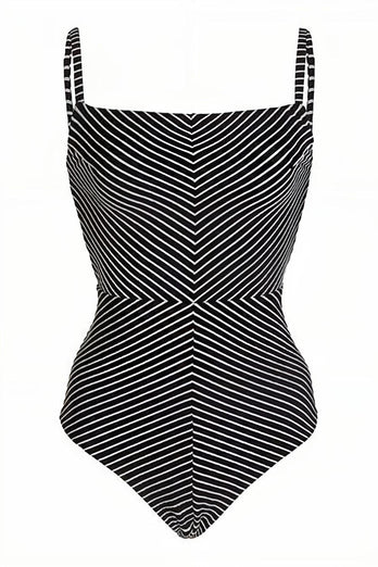 Einteiliger Badeanzug mit schwarzer Streifen und hoher Taille und Strandrock