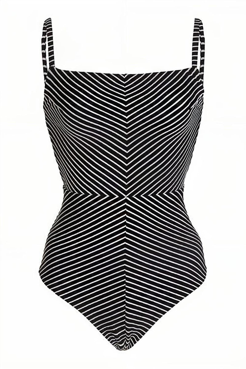 Laden Sie das Bild in den Galerie-Viewer, Einteiliger Badeanzug mit schwarzer Streifen und hoher Taille und Strandrock