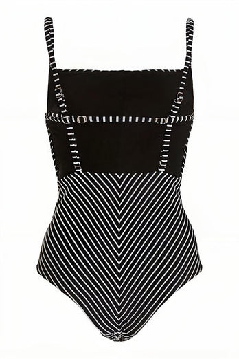 Einteiliger Badeanzug mit schwarzer Streifen und hoher Taille und Strandrock