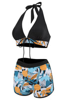 Laden Sie das Bild in den Galerie-Viewer, Zweiteilige bedruckte grüne Neckholder Badebekleidung mit hoher Taille