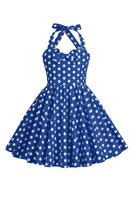 Laden Sie das Bild in den Galerie-Viewer, Neckholder Rotes Vintage Polka Dot 50er Jahre Mädchen Kleid mit Schleife