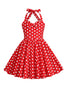 Laden Sie das Bild in den Galerie-Viewer, Neckholder Rotes Vintage Polka Dot 50er Jahre Mädchen Kleid mit Schleife