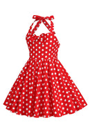 Laden Sie das Bild in den Galerie-Viewer, Neckholder Rotes Vintage Polka Dot 50er Jahre Mädchen Kleid mit Schleife