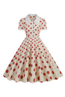 Laden Sie das Bild in den Galerie-Viewer, Rotes Polka Dots Vintage Kleid mit kurzen Ärmeln