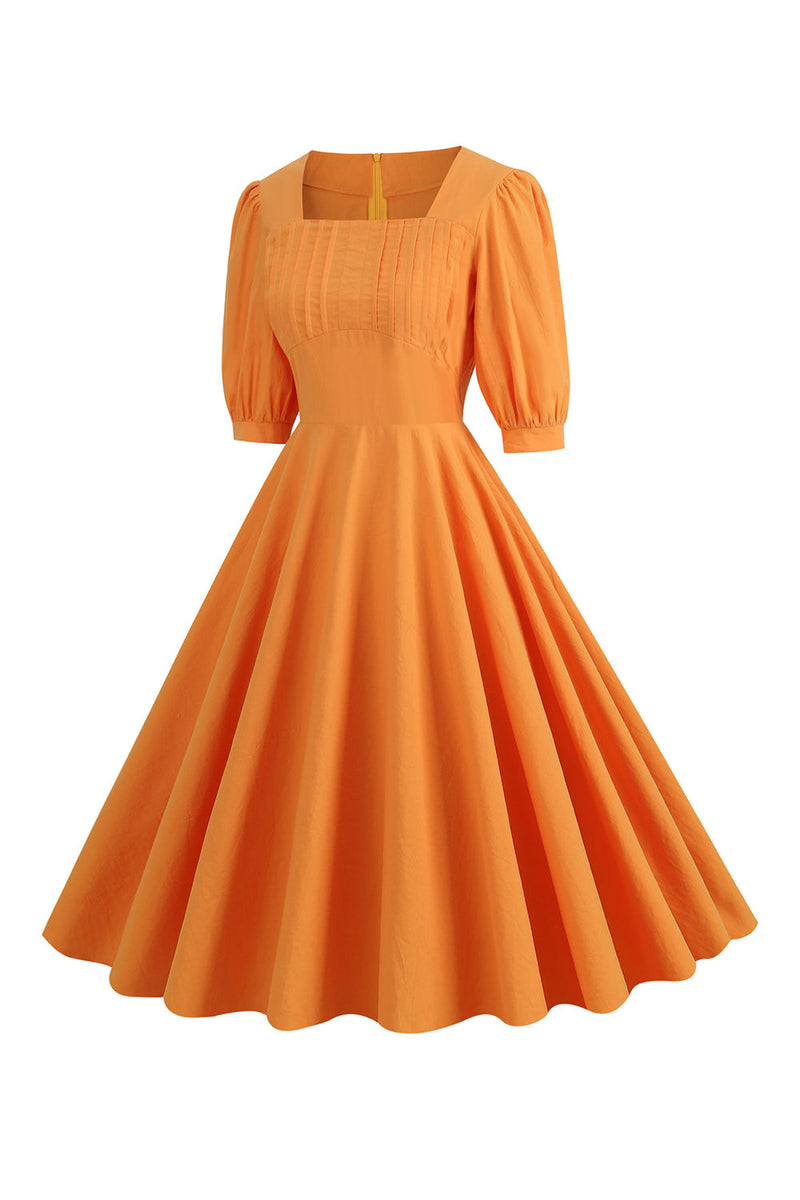 Laden Sie das Bild in den Galerie-Viewer, Orange 50er Jahren Kleid mit Eckiger Hals und halben Ärmeln