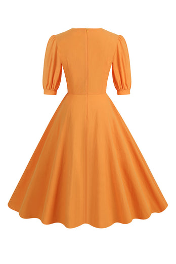 Orange 50er Jahren Kleid mit Eckiger Hals und halben Ärmeln