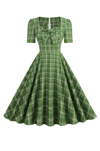 Grünes kariertes kurzärmeliges Rockabilly Kleid mit Schleife