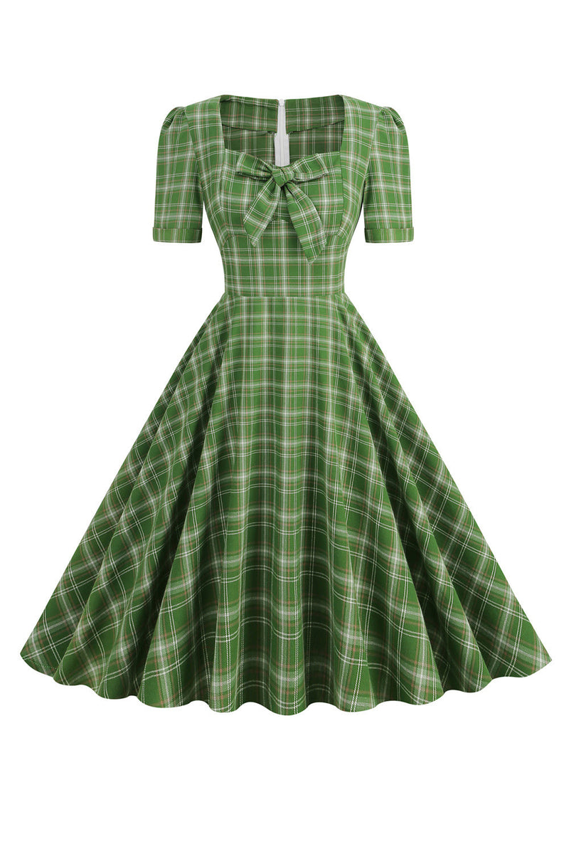 Laden Sie das Bild in den Galerie-Viewer, Grünes kariertes kurzärmeliges Rockabilly Kleid mit Schleife