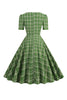 Laden Sie das Bild in den Galerie-Viewer, Grünes kariertes kurzärmeliges Rockabilly Kleid mit Schleife