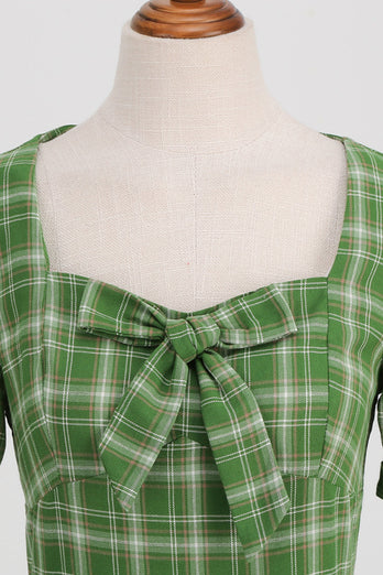 Grünes kariertes kurzärmeliges Rockabilly Kleid mit Schleife
