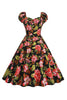 Laden Sie das Bild in den Galerie-Viewer, Schwarzes Blumendruck Rockabilly Kleid mit kurzen Ärmeln