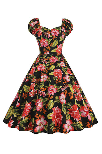 Schwarzes Blumendruck Rockabilly Kleid mit kurzen Ärmeln