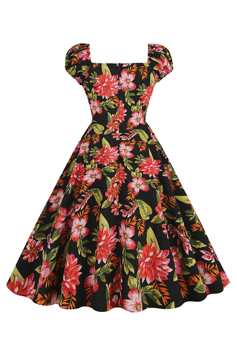 Laden Sie das Bild in den Galerie-Viewer, Schwarzes Blumendruck Rockabilly Kleid mit kurzen Ärmeln