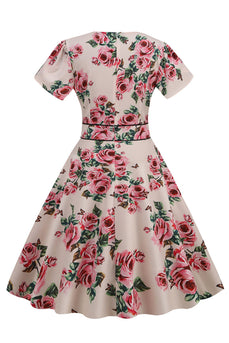 Rosa Blumendruck V-Ausschnitt Rockabilly Kleid