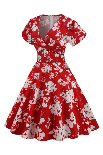 Rosa Blumendruck V-Ausschnitt Rockabilly Kleid