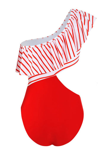 Rote Streifen Bademode mit einem Schulter und Rüschen