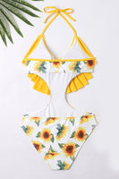 Laden Sie das Bild in den Galerie-Viewer, Neckholder Einteiler bedruckte gelbe Bademode mit Rüschen