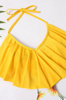 Laden Sie das Bild in den Galerie-Viewer, Neckholder Einteiler bedruckte gelbe Bademode mit Rüschen