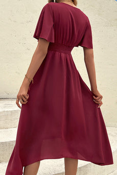 Burgunderrotes V-Ausschnitt Sommerkleid mit Flatterärmeln