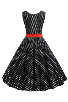 Schwarzes Polka Dots ärmelloses Swing Vintage Kleid