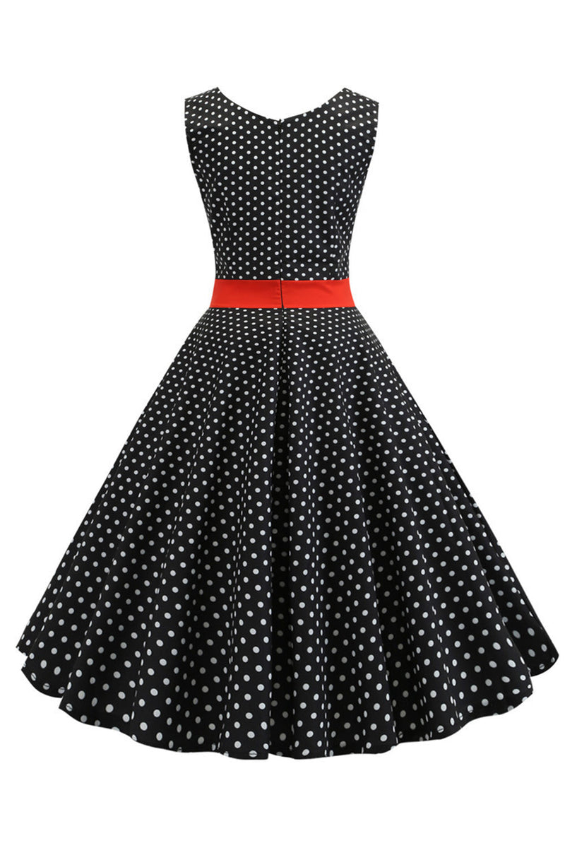 Laden Sie das Bild in den Galerie-Viewer, Schwarzes Polka Dots ärmelloses Swing Vintage Kleid